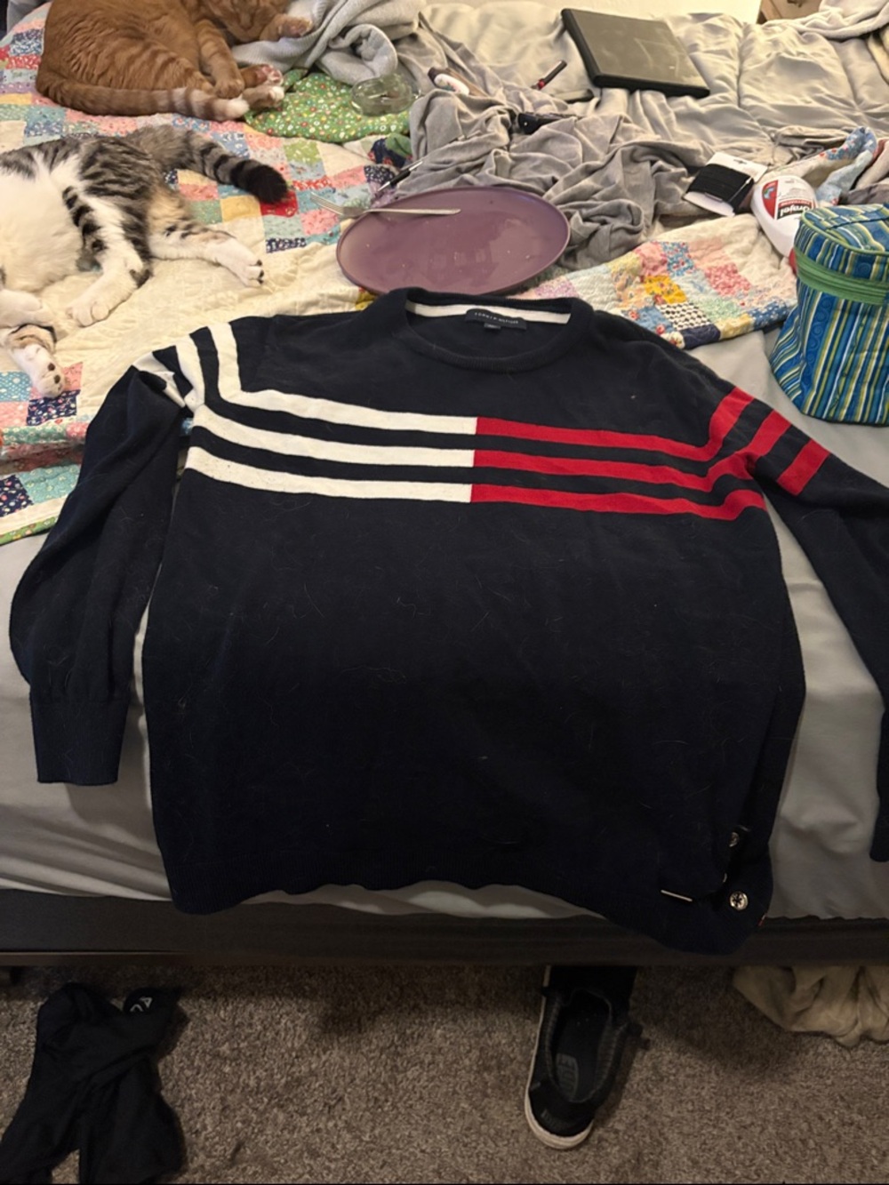 Tommy Hilfiger Navy Crewneck Sweater with Red & White Stripes